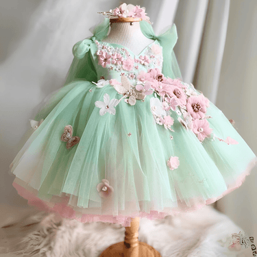 Gorgeous Girl's Embroidered Flower Dress With Big Bow Back, Drestiny, Dresses, Green, Yellow, Pink, Blue, 6-12M, 18-24M, 3Y, 3T, 4Y, 4T, 5Y, 5T, 5Y, 6T, 7-8Y, 7-8T, United States, USA, Canada, Australia, New Zealand, United Kingdom, UK, girls formal dresses, flower girl dresses, kids party dresses, girls dresses for special occasions, girls party dresses, formal dresses for girls, children's occasion wear, shopdrestiny.com
